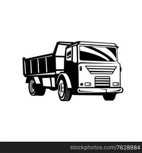 Retro woodcut black and white style illustration of a dump truck, known also as a dumper truck or tipper truck viewed from a low angle on side in isolated white background.. Dumper Truck Dump Truck or Tipper Truck Retro Woodcut Black and White