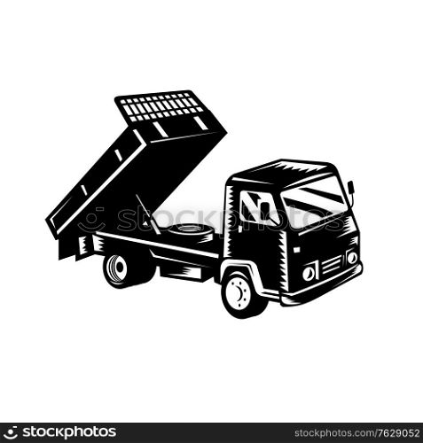 Retro woodcut black and white style illustration of a dump truck, known also as a dumper truck or tipper truck viewed from a high angle on side in isolated white background.. Dump Truck Dumper Truck or Tipper Truck Retro Woodcut Black and White