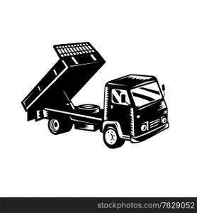 Retro woodcut black and white style illustration of a dump truck, known also as a dumper truck or tipper truck viewed from a high angle on side in isolated white background.. Dump Truck Dumper Truck or Tipper Truck Retro Woodcut Black and White