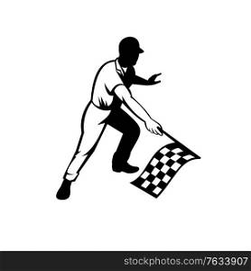 Retro woodcut black and white style illustration of a flagman or race official waving a checkered or chequered flag at start finish line indicating race is officially finished on isolated background.. Flagman Race Official Waving Checkered or Chequered Flag Finish Line Retro Retro Black and White