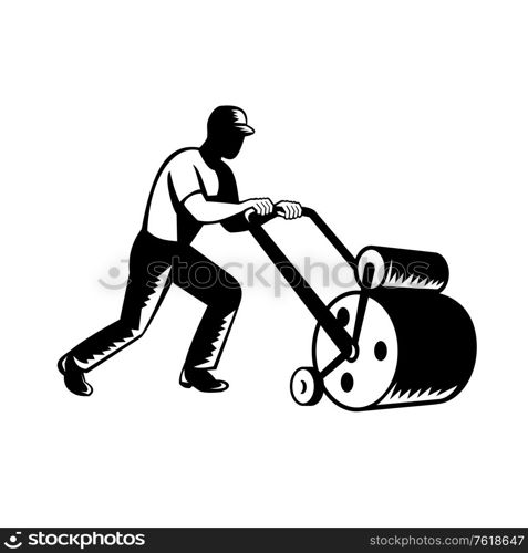 Retro woodcut black and white style illustration of a gardener, landscaper, groundsman or groundskeeper pushing lawn roller on isolated background.. Gardener Landscaper Groundsman or Groundskeeper Pushing Lawn Roller Woodcut Black and White