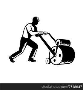 Retro woodcut black and white style illustration of a gardener, landscaper, groundsman or groundskeeper pushing lawn roller on isolated background.. Gardener Landscaper Groundsman or Groundskeeper Pushing Lawn Roller Woodcut Black and White