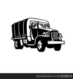 Retro woodcut black and white style illustration of a military truck is a vehicle designed to transport troops, fuel and military supplies to the battlefield, viewed from front on isolated background.. Military Truck Military Vehicle Personnel Transport Retro Woodcut Black and White