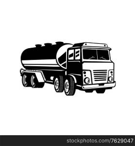 Retro woodcut black and white style illustration of a tank truck, gas truck, fuel truck or tanker truck, a motor vehicle designed to carry liquids or gases viewed from front on isolated background.. Tank Truck Fuel Truck or Tanker Truck Retro Woodcut Black and White