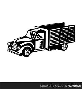 Retro woodcut black and white style illustration of a vintage classic American pickup truck with wood side rails viewed from side on high angle on isolated background.. Vintage Classic American Pickup Truck with Wood Side Rails Retro Woodcut Black and White