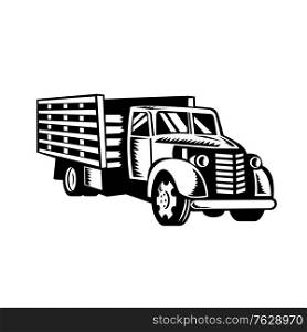 Retro woodcut black and white style illustration of a vintage classic American pickup truck with wood side rails viewed from front on low angle on isolated background.. Classic American Pickup Truck with Wood Side Rails Front Retro Woodcut Black and White