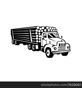 Retro woodcut black and white style illustration of a vintage classic logging truck, log truck, log hauler or timber lorry, a large truck carrying logs viewed from side on isolated background.. Vintage Logging Truck Log Truck Log Hauler or Timber Lorry Woodcut Black and White