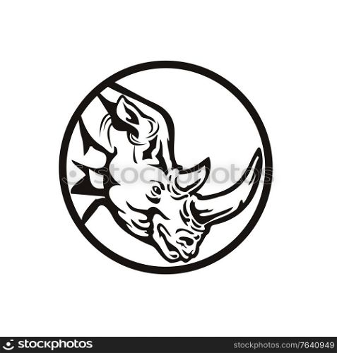 Retro woodcut style illustration head of a white rhinoceros or square-lipped rhinoceros, the largest extant species of rhinoceros, charging side view on isolated background in black and white.. Head of Northern White Rhinoceros or Square-Lipped Rhinoceros Side View Retro Woodcut Black and White