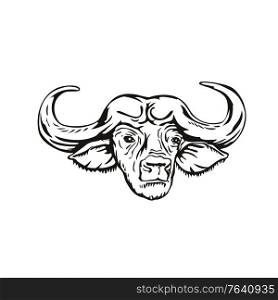 Retro woodcut style illustration head of an African buffalo or Cape buffalo Syncerus caffer, a large sub-Saharan African bovine, viewed from front on isolated background done in black and white.. Head of Cape Buffalo or African Buffalo Syncerus Caffer Front View Retro Woodcut Black and White