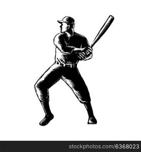 Retro woodcut style illustration of a baseball player batting viewed from side on isolated background done in black and white. Baseball Player Batting Woodcut Black and White