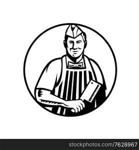 Retro woodcut style illustration of a butcher cutter worker with meat cleaver knife wearing cap and apron facing side set inside circle on isolated background done in black and white.. Butcher With Meat Cleaver Knife Front View in Circle Woodcut Black and White