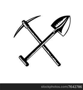 Retro woodcut style illustration of a crossed spade or shovel and mining pick ax, pickaxe, pick-axe or pick on isolated background done in black and white.. Crossed Spade or Shovel and Mining Pick Ax Pickaxe Pick-Axe or Pick Retro Woodcut Black and White