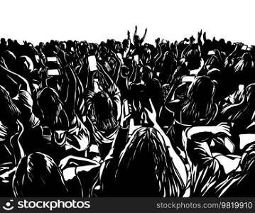 Retro woodcut style illustration of a crowd of people in an event watching a concert holding mobile phones viewed from rear on isolated background done in black and white.. Crowd of People Watching a Concert Holding Mobile Phones Woodcut 