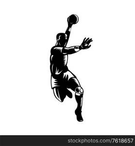 Retro woodcut style illustration of a European handball player, also known as team handball, with ball jumping scoring on isolated background done in black and white.. European Handball Player Jumping Scoring Woodcut Black and White