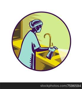 Retro woodcut style illustration of a female doctor, health professional or nurse wearing surgical mask spraying disinfectant spray on sink viewed from side set in circle on isolated background.. Nurse Spraying Disinfectant Retro