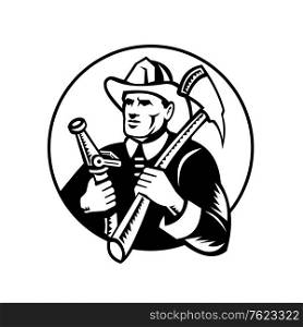Retro woodcut style illustration of a fireman or firefighter holding a fire axe and fire hose set inside circle on isolated background done in black and white.. Fireman Holding Fire Axe and Hose Circle Woodcut Retro Black and White