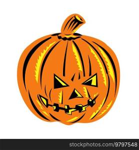 Retro woodcut style illustration of a Halloween jack-o-lantern or carved lantern made from pumpkin on isolated background done in full color. . Halloween Jack-O-Lantern or Carved Pumpkin Woodcut Retro 