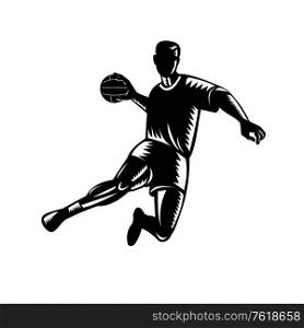 Retro woodcut style illustration of a handball player, also known as team handball, European handball, with ball jumping scoring on isolated background done in black and white.. Team Handball Player Jumping Scoring Woodcut Black and White