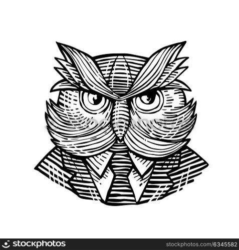 Retro woodcut style illustration of a hip or hipster wise owl with moustache wearing suit and tie viewed from front done in black and white.. Hip Wise Owl Suit Woodcut