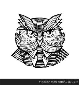 Retro woodcut style illustration of a hip or hipster wise owl with moustache wearing suit and tie viewed from front done in black and white.. Hip Wise Owl Suit Woodcut