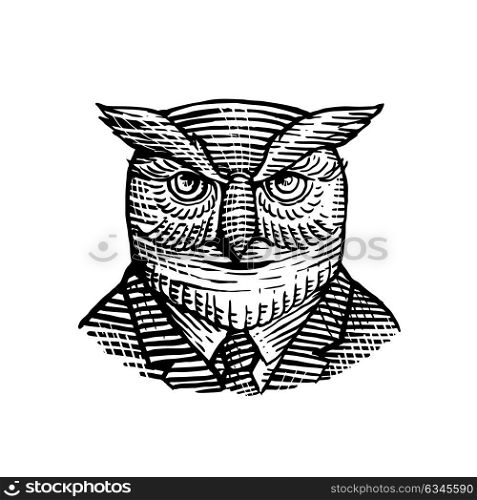 Retro woodcut style illustration of a hipster great horned wise owl wearing suit and tie viewed from front on isolated background in black and white.. Hipster Owl Suit Woodcut