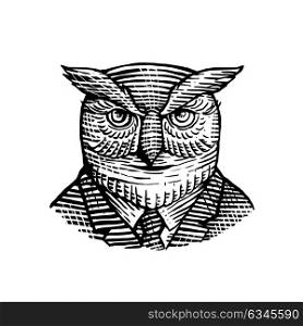 Retro woodcut style illustration of a hipster great horned wise owl wearing suit and tie viewed from front on isolated background in black and white.. Hipster Owl Suit Woodcut