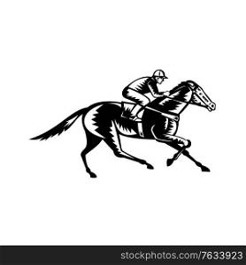 Retro woodcut style illustration of a jockey riding thoroughbred horse racing viewed from side on isolated background done in black and white.. Jockey Riding Thoroughbred Horse Racing Retro Woodcut Black and White