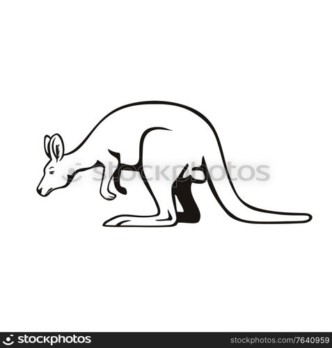 Retro woodcut style illustration of a kangaroo or wallaby, a large, small or middle-sized macropod native to Australia and New Guinea, viewed from side on isolated background done in black and white.. Wallaby or Kangaroo Side View Retro Black and White