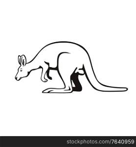 Retro woodcut style illustration of a kangaroo or wallaby, a large, small or middle-sized macropod native to Australia and New Guinea, viewed from side on isolated background done in black and white.. Wallaby or Kangaroo Side View Retro Black and White