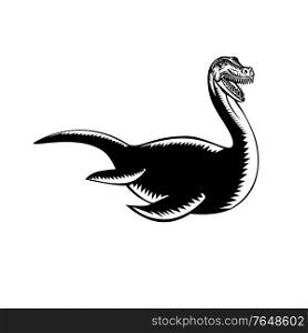 Retro woodcut style illustration of a Loch Ness Monster or Nessie, a cryptid in cryptozoology and Scottish folklore that inhabit the Scottish Highlands on isolated background done in black and white. Loch Ness Monster or Nessie Swimming Retro Woodcut Black and White Style