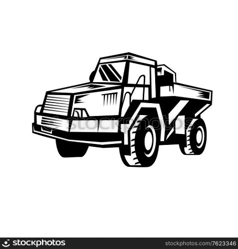 Retro woodcut style illustration of a mining dump truck viewed from side on isolated background done in black and white.. Mining Dump Truck Retro Woodcut Black and White