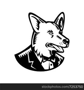 Retro woodcut style illustration of a Pembroke Welsh Corgi dog wearing a tuxedo coat and tie looking to side on isolated white background done in black and white.. Pembroke Welsh Corgi Wearing Tuxedo Woodcut