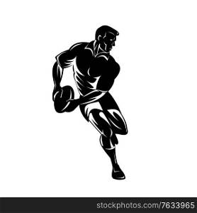 Retro woodcut style illustration of a rugby player passing the ball viewed from front on isolated background done in black and white.. Rugby Player Passing the Ball Viewed from Front Retro Woodcut Black and White