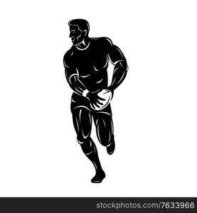 Retro woodcut style illustration of a rugby player running and passing the ball viewed from front on isolated background done in black and white.. Rugby Player Running Passing Ball Viewed from Front Retro Woodcut Black and White