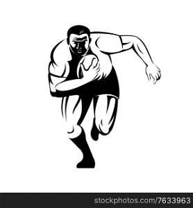 Retro woodcut style illustration of a rugby player running with the ball viewed from front on isolated background done in black and white.. Rugby Player Running With Ball Viewed from Front Retro Woodcut Black and White