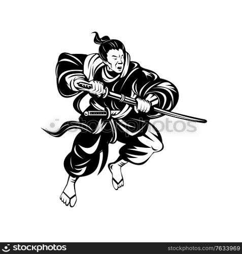 Retro woodcut style illustration of a Samurai wariror, the military nobility and officer caste of medieval Japan, with katana sword in fighting pose on isolated background done in black and white.. Samurai Warrior or Bushi with Katana Sword Fighting Retro Woodcut Black and White