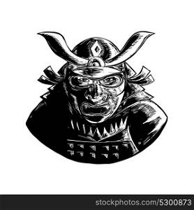 Retro woodcut style illustration of a Samurai Warrior Wearing facial armor mask called Mempo and top heavy kabuto helmet front view on isolated background.. Samurai Warrior Wearing Mempo Woodcut