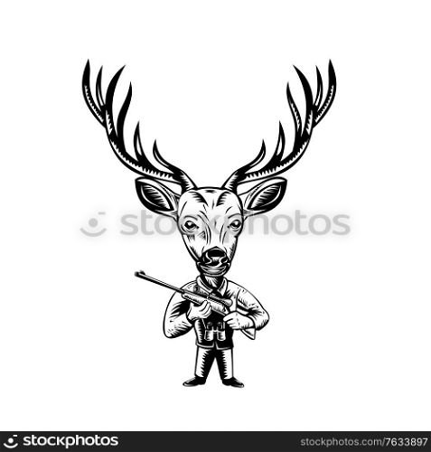 Retro woodcut style illustration of a stag, buck or deer hunter with hunting rifle viewed from front on isolated background done in black and white.. Stag Buck or Deer Hunter with Hunting Rifle Retro Woodcut Black and White