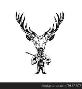 Retro woodcut style illustration of a stag, buck or deer hunter with hunting rifle viewed from front on isolated background done in black and white.. Stag Buck or Deer Hunter with Hunting Rifle Retro Woodcut Black and White