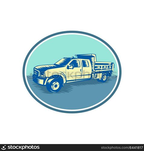 Retro woodcut style illustration of a Tipper Pick-up or pickup truck, equipped with open-box bed hinged at the rear and equipped with hydraulic rams to lift the front viewed from side set inside oval.. Tipper Pick-up Truck Oval Woodcut