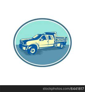 Retro woodcut style illustration of a Tipper Pick-up or pickup truck, equipped with open-box bed hinged at the rear and equipped with hydraulic rams to lift the front viewed from side set inside oval.. Tipper Pick-up Truck Oval Woodcut