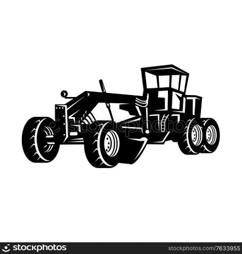 Retro woodcut style illustration of a vintage road motor grader or blade, a heavy equipment with a long blade used to create a flat surface during grading on isolated background in black and white.. Vintage Road Grader Motor Grader or Blade Grading Retro Woodcut Black and White