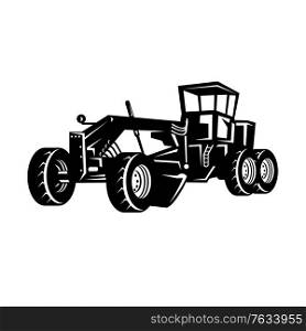 Retro woodcut style illustration of a vintage road motor grader or blade, a heavy equipment with a long blade used to create a flat surface during grading on isolated background in black and white.. Vintage Road Grader Motor Grader or Blade Grading Retro Woodcut Black and White