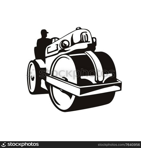 Retro woodcut style illustration of a vintage road roller, roller-compactor or steamroller, a compactor-type engineering vehicle used in road construction on isolated background in black and white.. Vintage Road Roller Roller-Compactor or Steamroller Front View Retro Woodcut Black and White
