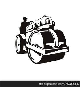 Retro woodcut style illustration of a vintage road roller, roller-compactor or steamroller, a compactor-type engineering vehicle used in road construction on isolated background in black and white.. Vintage Road Roller Roller-Compactor or Steamroller Front View Retro Woodcut Black and White