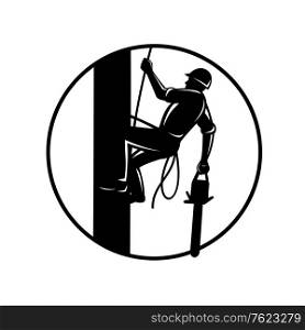 Retro woodcut style illustration of an arborist, lumberjack or tree surgeon with chainsaw climbing up a tree set inside circle on isolated background in black and white. . Arborist With Chainsaw Climbing Tree Circle Retro Woodcut Black and White