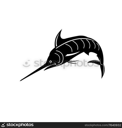 Retro woodcut style illustration of an Atlantic blue marlin, a species of marlin endemic to the Atlantic Ocean, jumping upward done in black and white on isolated background.. Atlantic Blue Marlin Jumping Upward Retro Woodcut Black and White