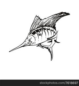 Retro woodcut style illustration of an Atlantic sailfish, a fish of the genus Istiophorus of billfish living in colder sea areas, jumping up viewed from front on isolated background done in black and white.. Atlantic Sailfish Jumping Up Woodcut Retro Black and White