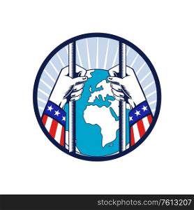 Retro woodcut style illustration of concept of United States of America in total lockdown and isolated from the world showing hands holding prison bars with globe outside set in circle.. America in Lockdown Isolated From World Woodcut