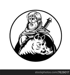 Retro woodcut style illustration of Freyr or Frey, a god in Norse mythology, associated with sacral kingship, virility, peace and prosperity with sword and wild boar circle on done in black and white.. Freyr or Frey God in Norse Mythology with Sword and Wild Boar Retro Woodcut Black and White